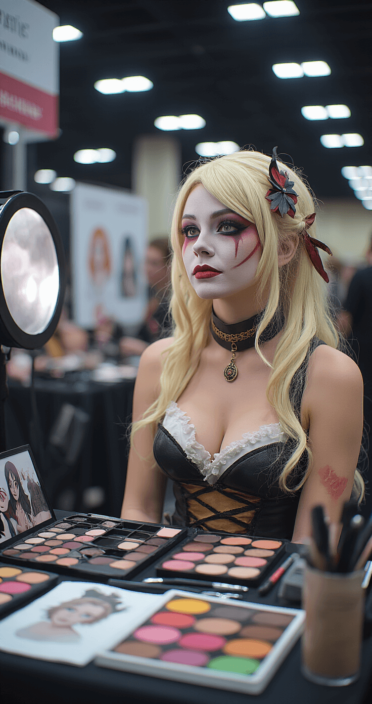 How to Do Cosplay Makeup That Actually Looks Good in Photos A bright convention hall setup featuring a cosplay makeup artist demonstrating advanced techniques on a model with half-completed character makeup, surrounded by makeup products and reference images.