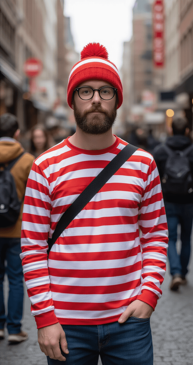 Male Halloween Costumes That'll Make You Stand Out This Year A male model in a red and white striped shirt, round glasses, and a pom-pom beanie stands playfully in a busy urban street, surrounded by pedestrians, creating a vibrant and engaging 'Where's Waldo' scene.