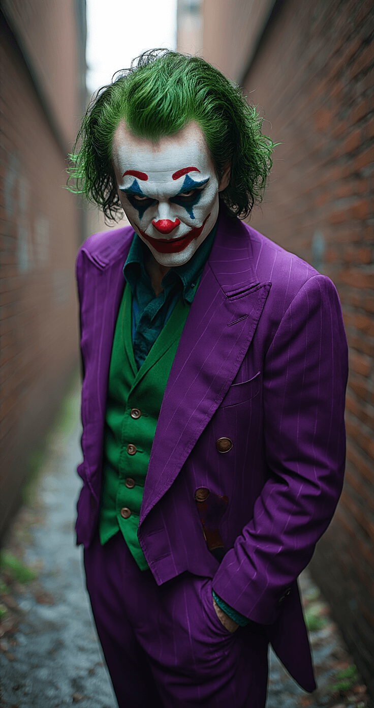 Male Halloween Costumes That'll Make You Stand Out This Year A male model poses in a vibrant purple vintage Joker costume with elaborate clown makeup and green hair, set against a gritty urban alleyway illuminated by dramatic side lighting that highlights the theatrical details of his outfit.
