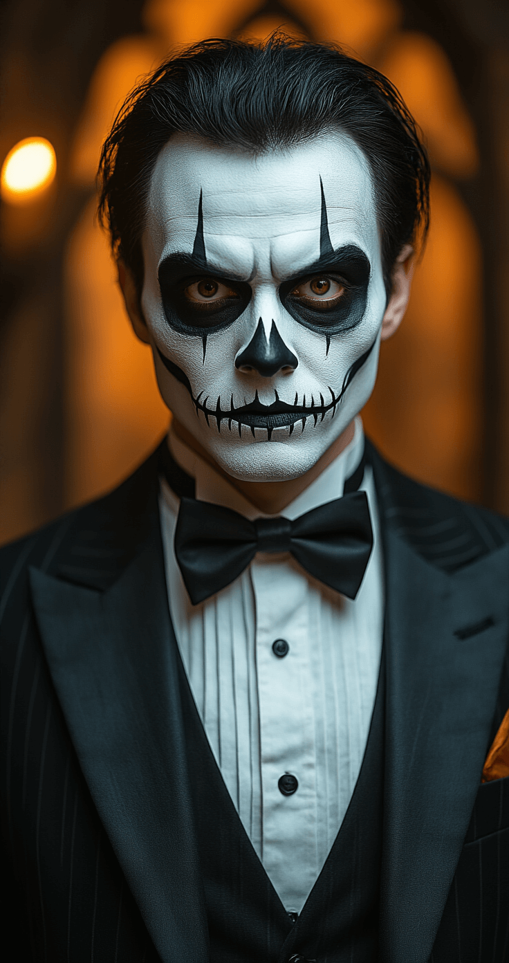 Male Halloween Costumes That'll Make You Stand Out This Year A male model wearing a detailed Jack Skellington costume, featuring a tailored black suit, white skeleton face paint, and a bat bow tie, set against a moody Halloween background with soft amber lighting and gothic architecture.