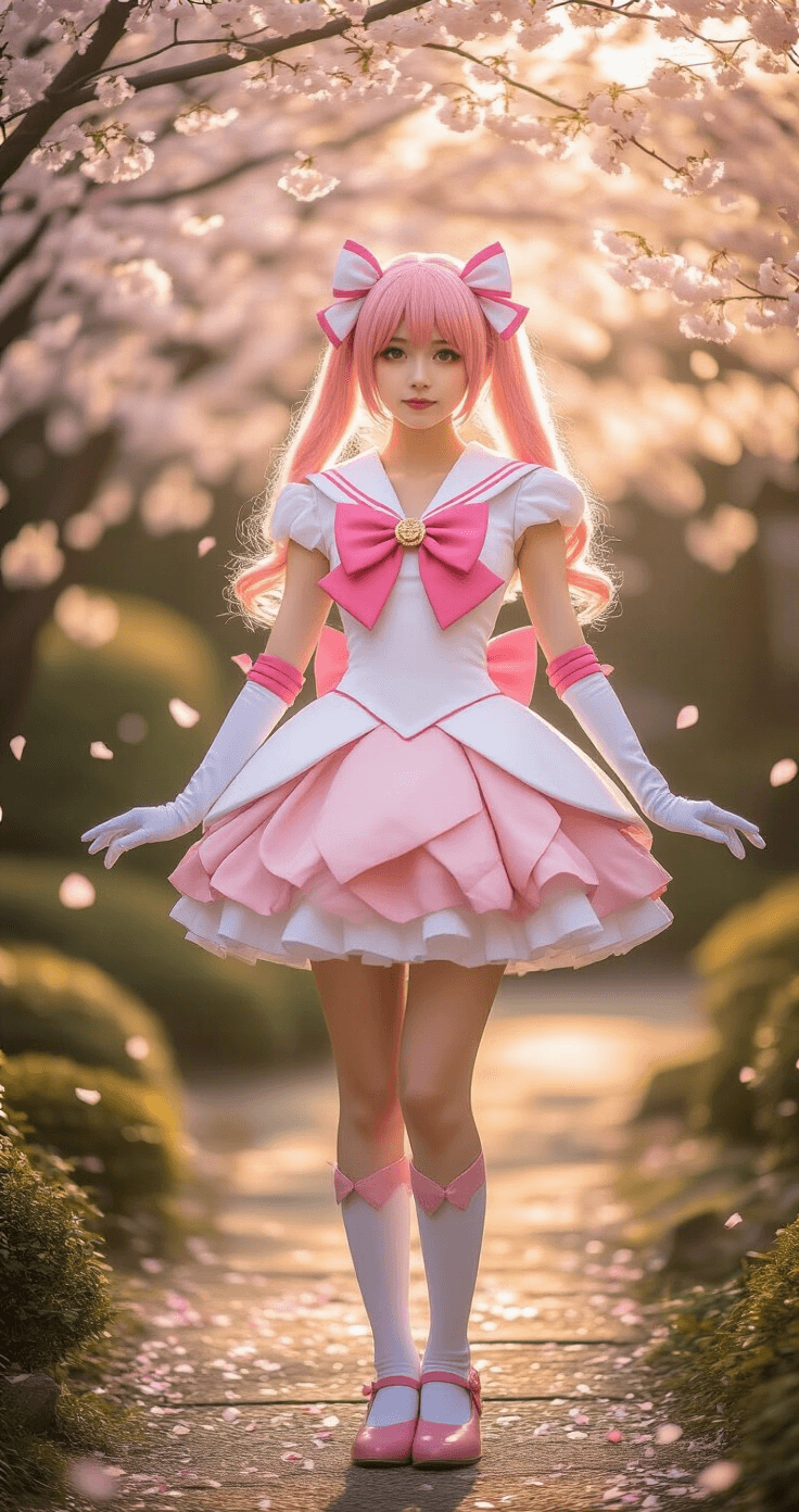 The Real Deal on Madoka Kaname Cosplay A cosplayer dressed as Madoka Kaname stands in a serene Japanese garden during golden hour, surrounded by gently falling cherry blossoms. The model's pink and white sailor-style dress features a large chest bow, complemented by white mid-arm gloves and pink Mary Jane shoes. Her rose-pink twin-tail wig, adorned with delicate ribbons, enhances her innocent appearance. The scene is captured from a low angle, showcasing the costume's intricate details in soft, diffused natural light.