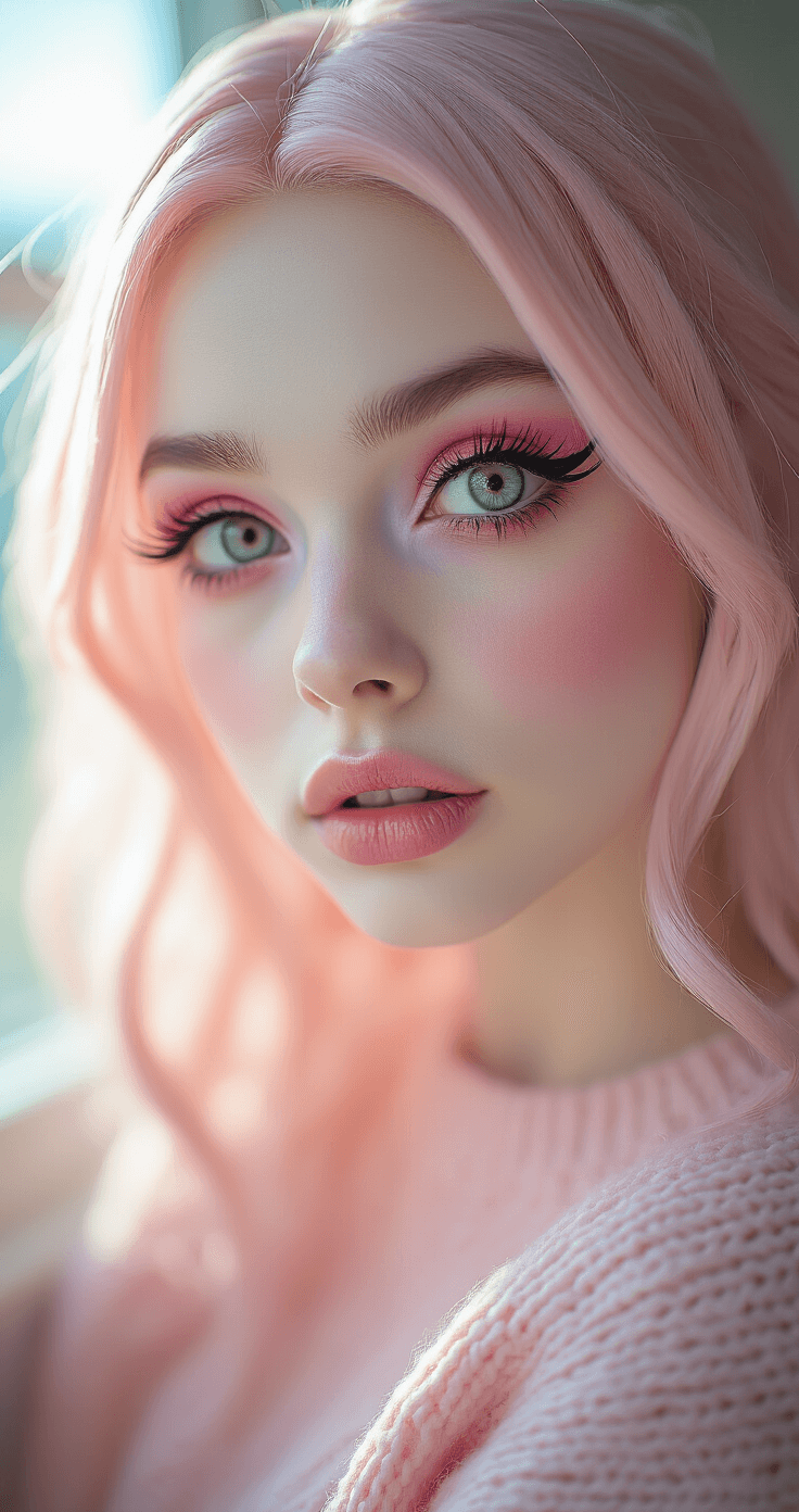 Draculaura Cosplay Makeup: My Complete Guide to Nailing That Monster High Look Ultra-detailed close-up of a cosplay model as Draculaura, showcasing hyper-realistic pale pink skin, dramatic pink and black eye makeup, and a soft pastel pink sweater, captured in golden hour light with focused clarity on her facial features and intricate makeup details.