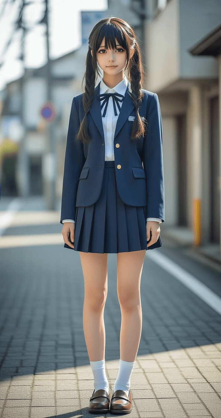 The Real Deal on Madoka Kaname Cosplay A cosplayer dressed in Madoka's school uniform, featuring a dark blue blazer and pleated skirt, stands at a minimalist urban Japanese street corner in the late afternoon light. The model's relaxed pose and gentle expression reflect Madoka's personality, with soft natural light creating delicate shadows that enhance the uniform's textures against a clean sidewalk backdrop.