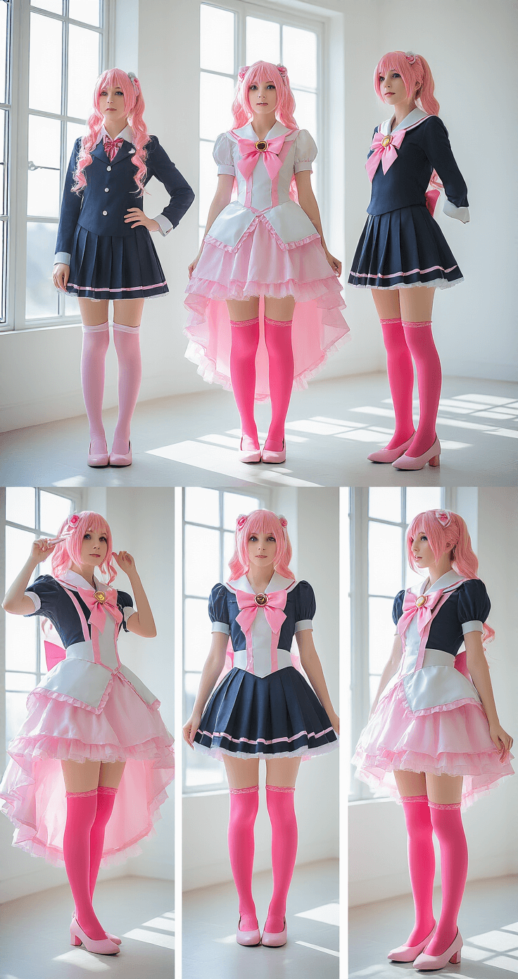 The Real Deal on Madoka Kaname Cosplay Dramatic cosplay transformation showcasing a magical girl metamorphosis, featuring layered shots of a cosplayer transitioning from a school uniform to a vibrant pink and white magical girl costume, highlighted by close-ups of a Soul Gem, pink thigh-high socks, and a styled wig, all set against a clean white background with soft natural light.