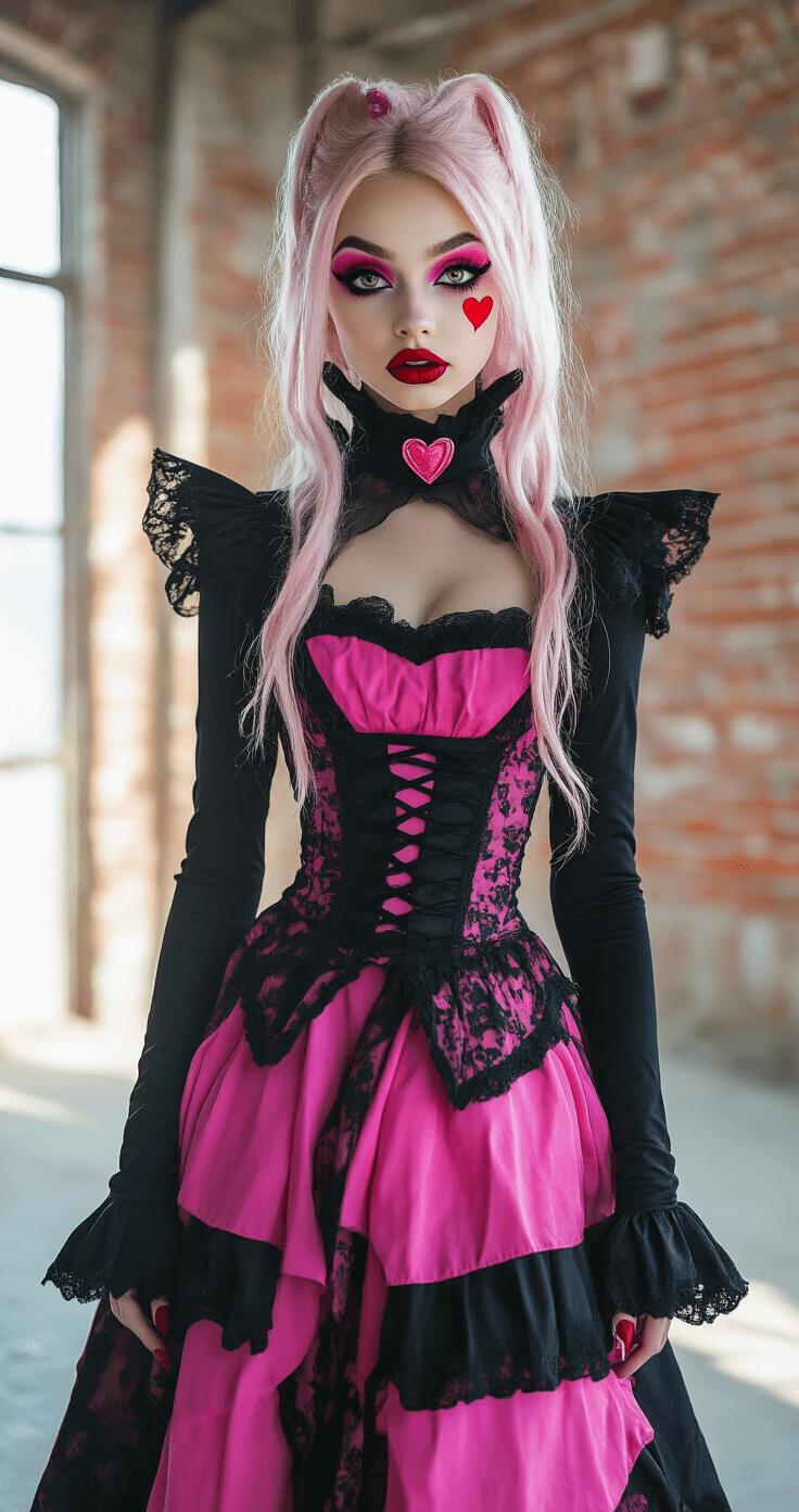 Draculaura Cosplay Makeup: My Complete Guide to Nailing That Monster High Look A young female cosplay model dressed in a Monster High vampire costume stands in an urban industrial studio with exposed brick walls, showcasing a black and pink layered outfit, dramatic pink contouring makeup, false eyelashes, and a red heart beauty mark on her cheek, illuminated by soft side lighting that enhances dramatic shadows for a high-fashion photography look.