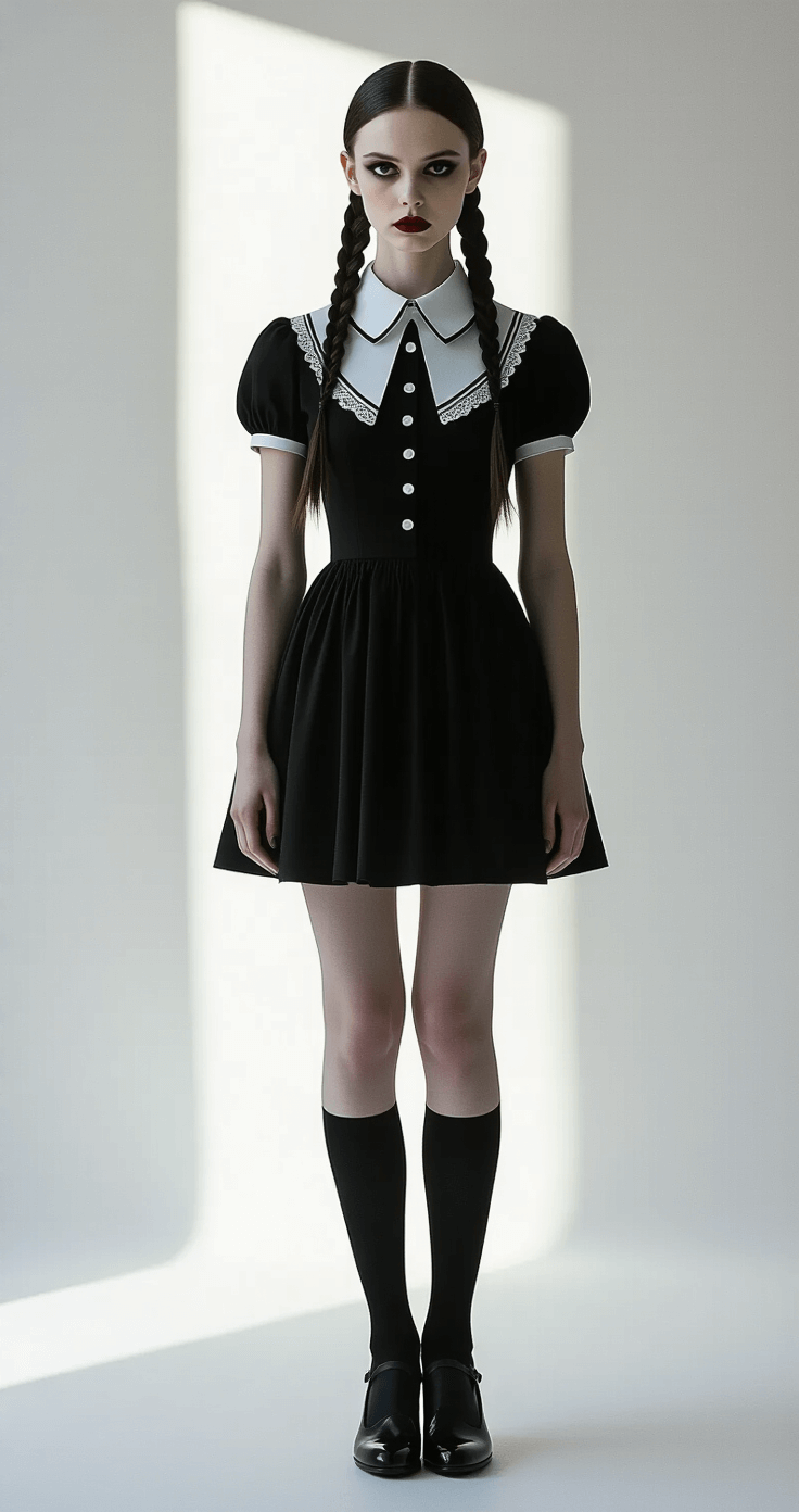 50+ Solo Halloween Costume Ideas That'll Make You the Main Character A model styled in a black Peter Pan collar dress with white detailing, embodying the Wednesday Addams aesthetic, poses in a minimalist white studio with dramatic side lighting, her hair arranged in two neat braids and pale makeup accentuating her neutral expression, creating a moody, avant-garde fashion interpretation.
