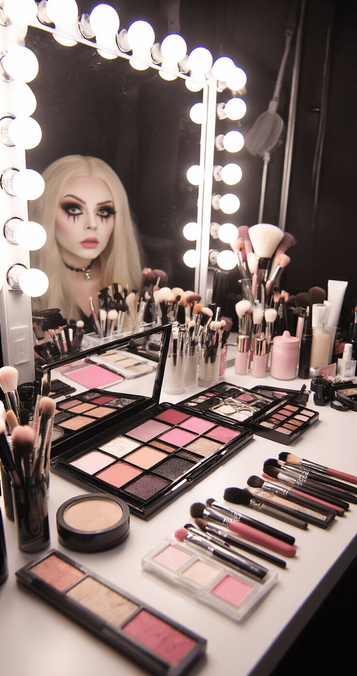 Draculaura Cosplay Makeup: My Complete Guide to Nailing That Monster High Look A professional makeup artist workspace featuring a model at a vanity mirror undergoing a Draculaura transformation, with pale foundation, pink blush, and a dramatic eye makeup palette displayed under soft ambient lighting, showcasing multiple meticulously arranged brushes and cosmetic products.
