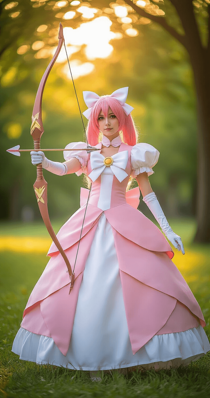 The Real Deal on Madoka Kaname Cosplay A Madoka Kaname cosplayer in a pink and white magical girl costume poses heroically in a lush green park during golden hour, holding a crafted bow and arrow. The soft sunlight filters through the trees, highlighting the detailed layers of her dress and her serene expression.