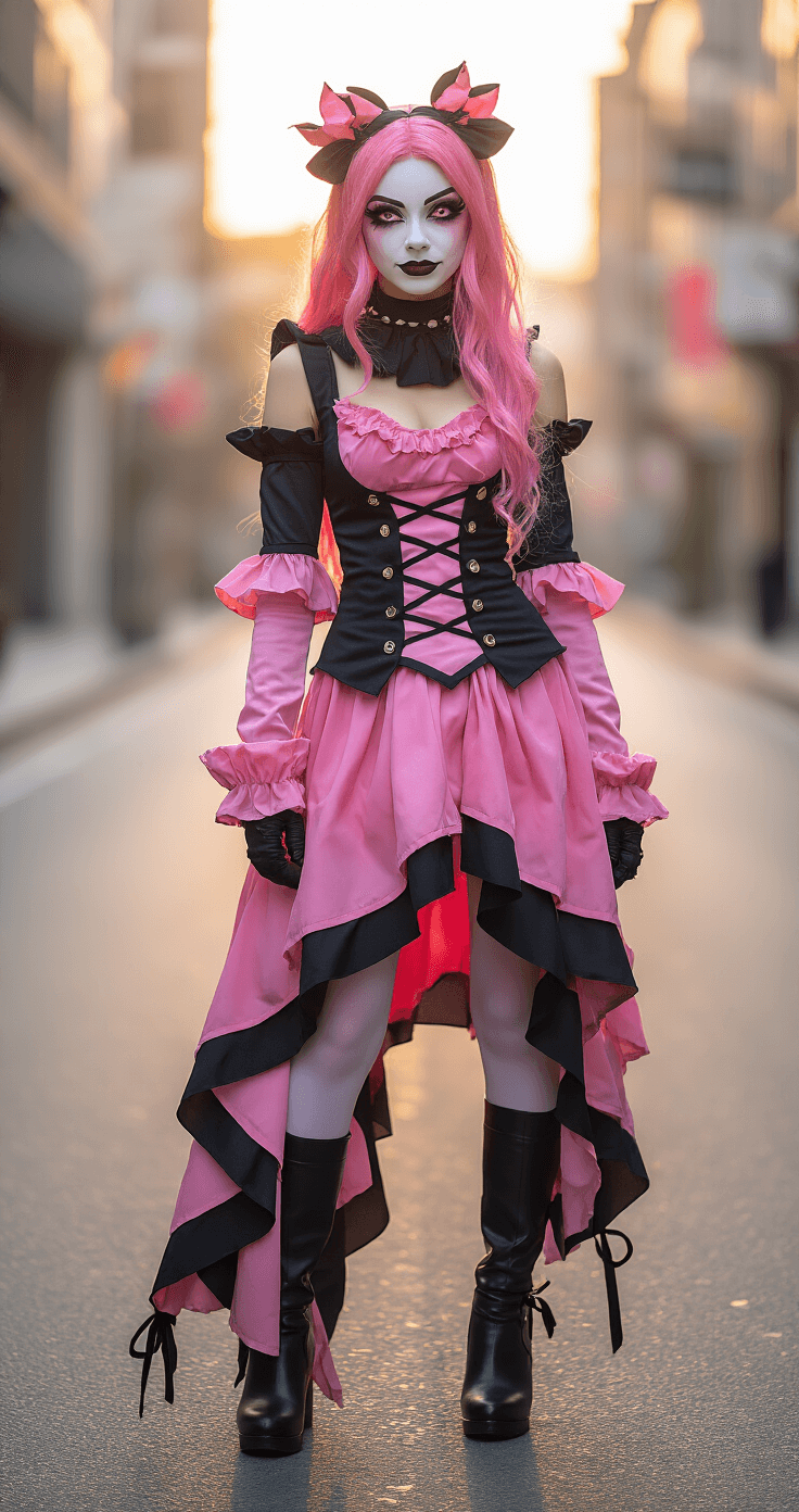 Draculaura Cosplay Makeup: My Complete Guide to Nailing That Monster High Look Cosplay model dressed as Draculaura in a layered pink and black outfit, featuring dramatic cartoon-style makeup with exaggerated eye makeup, poses on an urban street corner during golden hour, with warm lighting accentuating the costume details.