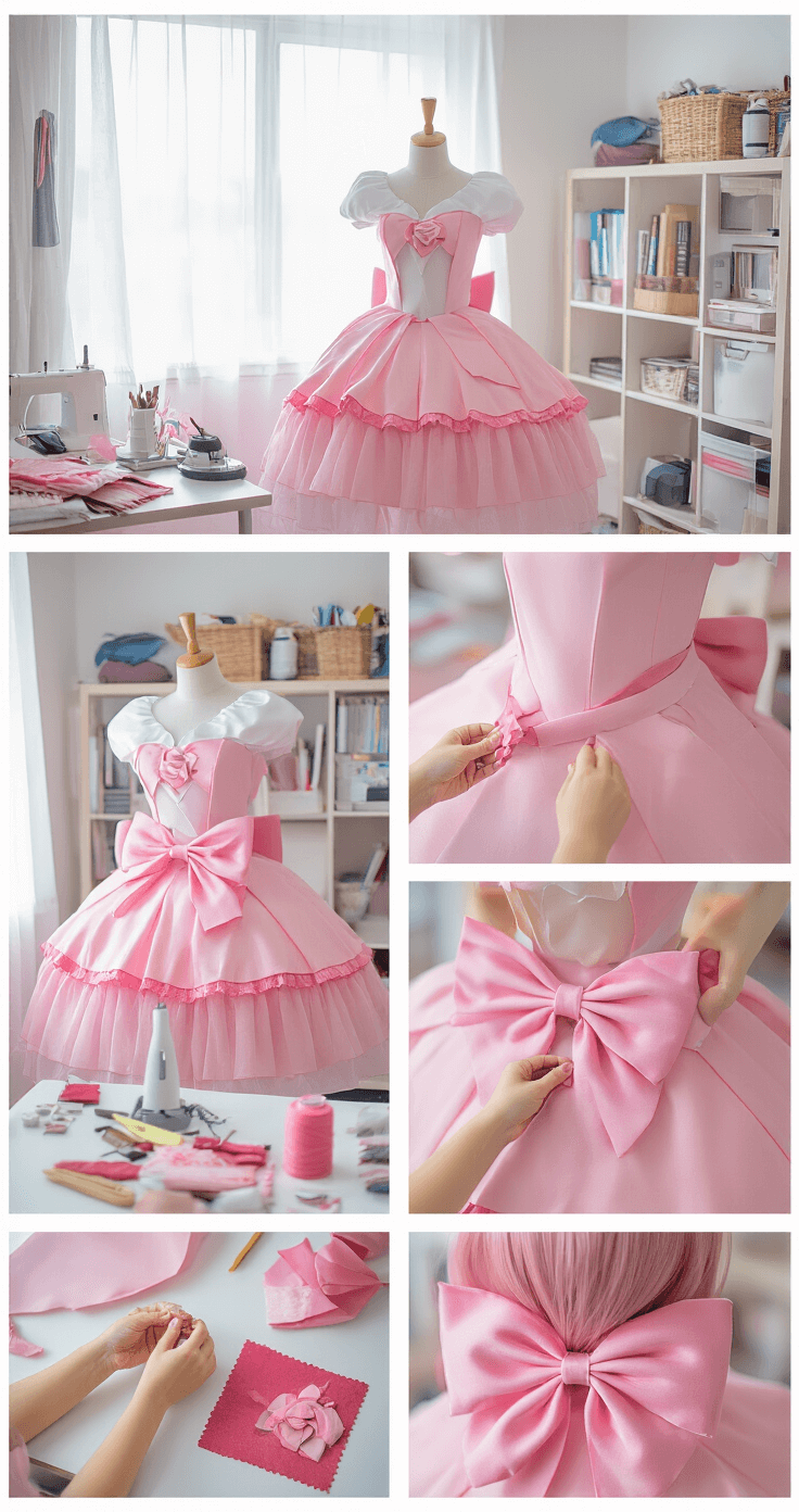 The Real Deal on Madoka Kaname Cosplay An organized craft room filled with sewing materials and fabric swatches, featuring close-up shots of hands creating a Madoka Kaname costume. The scene showcases the construction of a pink petticoat, careful positioning of a large bow, and styling of a rose-pink wig, illuminated by natural light highlighting the fabrics and crafting tools.