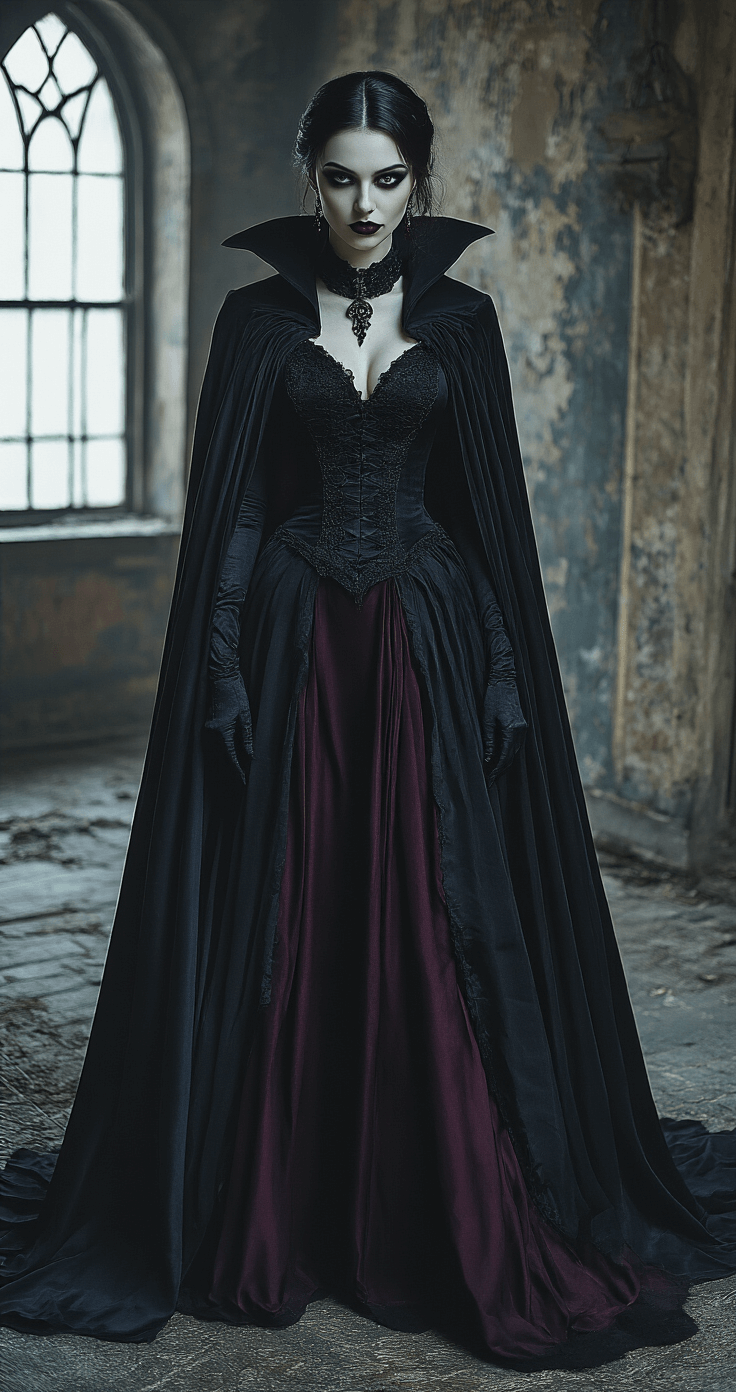 50+ Solo Halloween Costume Ideas That'll Make You the Main Character A hyper-realistic fashion photoshoot featuring a woman styled as a vampire in a dramatic all-black ensemble with a flowing cape, set in a dimly lit vintage-inspired environment. She has pale skin, dark smoky eyes, and deep red lips, with soft side lighting highlighting the intricate details of her theatrical costume against a backdrop of deep jewel tones.