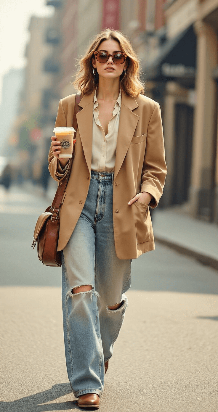 50+ Solo Halloween Costume Ideas That'll Make You the Main Character A woman exuding 'main character energy' in a camel oversized vintage blazer and distressed high-waisted jeans walks through an urban setting in soft morning light, holding an iced coffee and a leather messenger bag, embodying a nostalgic film aesthetic with muted colors.