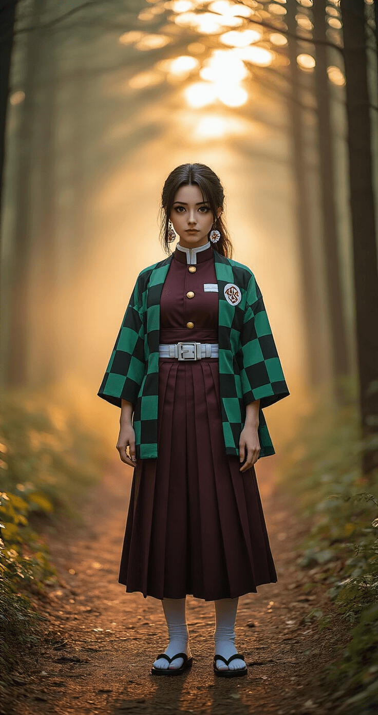 Your Complete Guide to Tanjiro Cosplay: Everything You Need to Know A young woman cosplaying as Tanjiro Kamado stands on a misty forest path at golden hour, wearing a detailed checkered green and black haori, white belt, and Hanafuda earrings. The scene captures soft diffused sunlight filtering through pine trees, highlighting her determined expression and the warm autumn color palette.