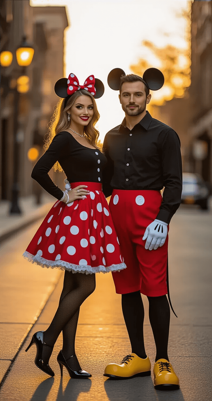 The Ultimate Couples Halloween Costume Ideas That'll Make Everyone Jealous A stylish couple poses on an urban street corner during sunset, wearing hyper-realistic Mickey and Minnie Mouse Halloween costumes; the woman in a vintage red polka dot skirt and Minnie ears, and the man in a classic Mickey outfit. Soft warm lighting enhances the scene, highlighting their playful interaction and costume details.