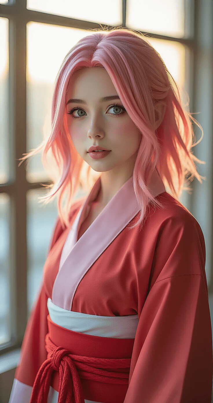 Ultra-realistic fashion photoshoot of a young female cosplayer with a vibrant pink anime-inspired wig, wearing a detailed Sakura Haruno ninja outfit in a minimalist urban studio during golden hour, showcasing soft illumination and intricate costume details.