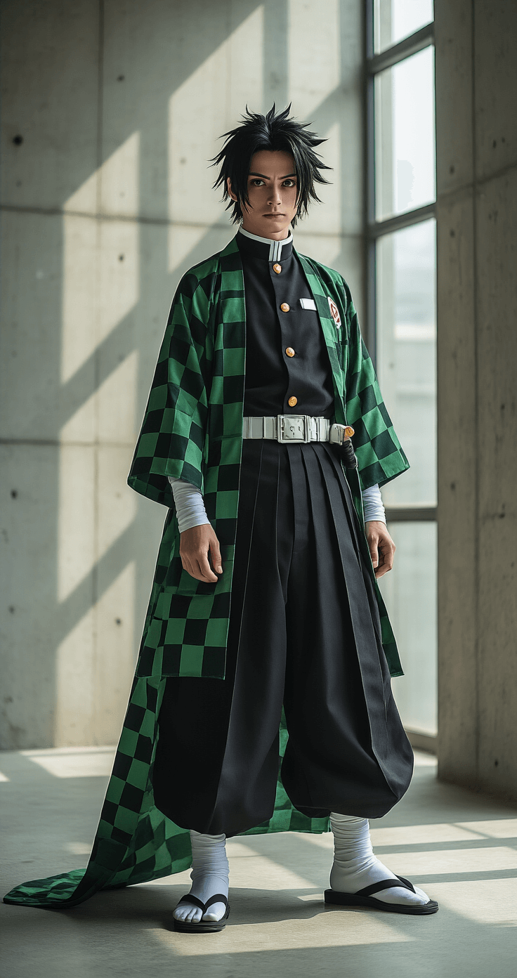 Your Complete Guide to Tanjiro Cosplay: Everything You Need to Know A cosplay model in a Tanjiro costume stands dynamically in a minimalist urban studio, showcasing a black demon slayer uniform and a green checkered haori. Dramatic side lighting highlights the costume's textures and layers against a concrete backdrop with large windows, featuring high-contrast and soft muted color grading.