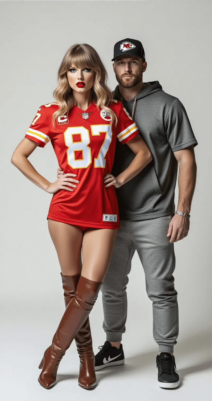 The Ultimate Couples Halloween Costume Ideas That'll Make Everyone Jealous Dramatic fashion editorial featuring a woman in a fitted Kansas City Chiefs jersey and knee-high leather boots, and a man in casual athletic wear with a backwards baseball cap, posing dynamically in a minimalist studio with soft diffused lighting.