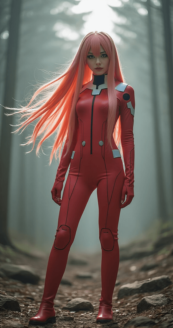 A female cosplayer dressed as Zero Two from Darling in the FranXX stands on rocky terrain in a misty forest, her long salmon-pink gradient wig flowing in the wind, wearing a form-fitting red plugsuit. Afternoon sunlight creates dramatic side lighting, highlighting the textures of her outfit and subtle makeup.