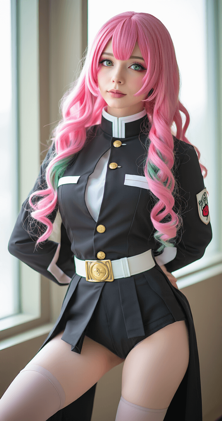 Elegant portrait of a female cosplayer as Mitsuri Kanroji from Demon Slayer, featuring a pink-to-green gradient wig and precise Demon Slayer uniform. The setting is softly lit with natural window light, enhancing fabric textures. Warm neutral tones with emerald and pink accents complement her realistic makeup and confident pose.