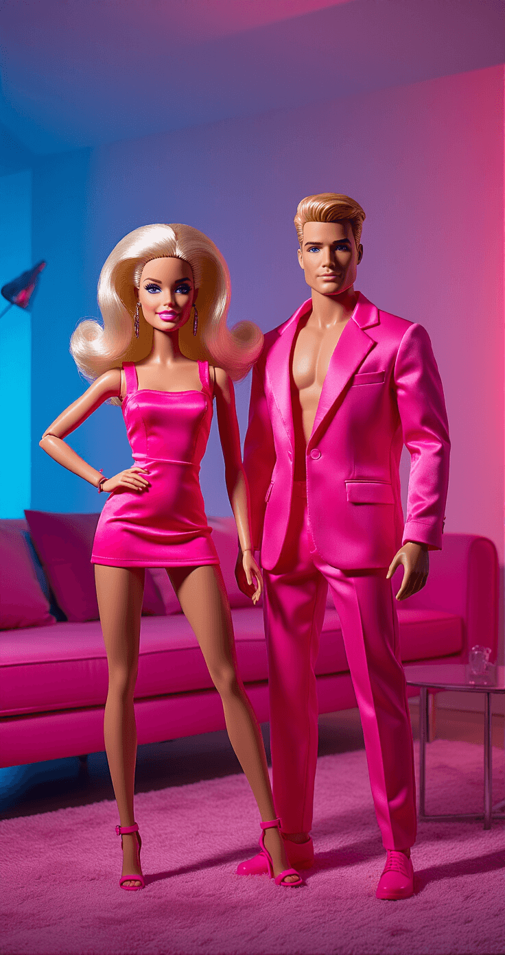 The Ultimate Couples Halloween Costume Ideas That'll Make Everyone Jealous High-fashion Barbie and Ken Halloween costume photoshoot in a contemporary living room. Woman in a vibrant pink mini dress and plastic-like styling poses beside her male partner in a monochromatic pink ensemble, both with dramatic side lighting highlighting their bold costumes.
