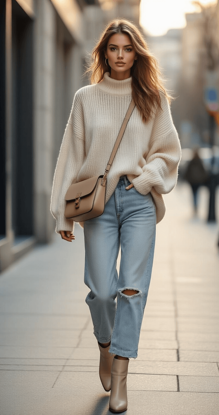 Angel Cosplay Makeup: How to Create the Perfect Ethereal Look A model showcases casual street style in an oversized cream wool sweater and light blue distressed denim, walking on a minimalist sidewalk in the morning light, complemented by nude-toned leather ankle boots and a structured crossbody bag, with windswept hair and a soft, dreamy atmosphere.