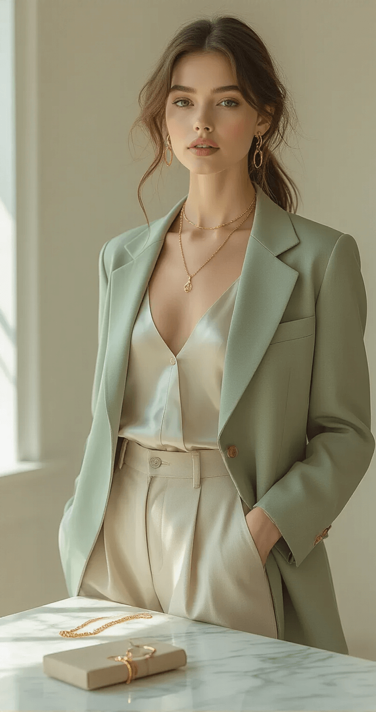 Angel Cosplay Makeup: How to Create the Perfect Ethereal Look A sophisticated layered outfit featuring a sage green tailored blazer over a silk camisole, high-waisted wide-leg trousers in a neutral tone, and delicate gold jewelry, styled in a bright studio with professional lighting highlighting textural details.