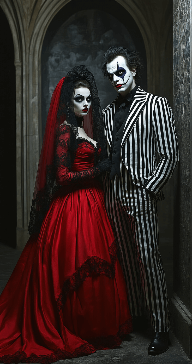 The Ultimate Couples Halloween Costume Ideas That'll Make Everyone Jealous Avant-garde Halloween scene featuring Beetlejuice in a striped suit and Lydia in a red wedding gown, posed in a gothic interior with dramatic lighting and architectural details.