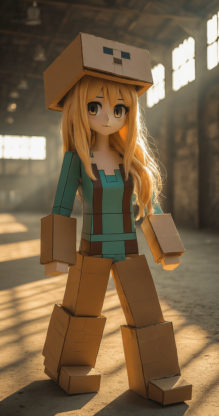 The Real Deal on Minecraft Cosplay: Building Your Blocky Character From Scratch A female model in a detailed Steve costume poses in a sunlit urban warehouse during golden hour, showcasing the texture and craftsmanship of the blocky cardboard outfit, with soft shadows and a blurred background in high-resolution.
