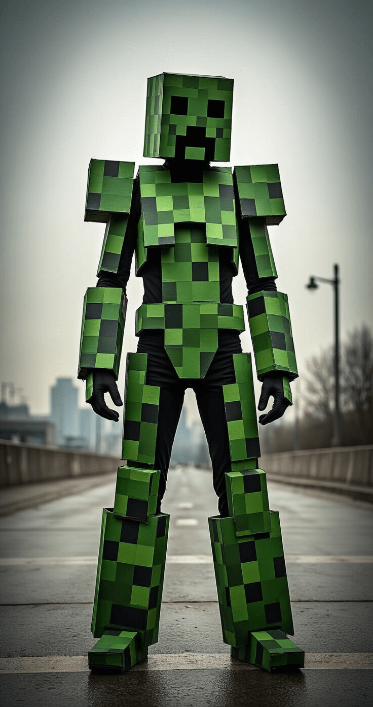 The Real Deal on Minecraft Cosplay: Building Your Blocky Character From Scratch A cosplayer dressed as a Creeper stands at a gritty city intersection, featuring a meticulously crafted costume made of cut cardboard panels with pixel textures in sage green and black. The dramatic overcast lighting casts a silhouette effect against an urban backdrop of concrete and metal.