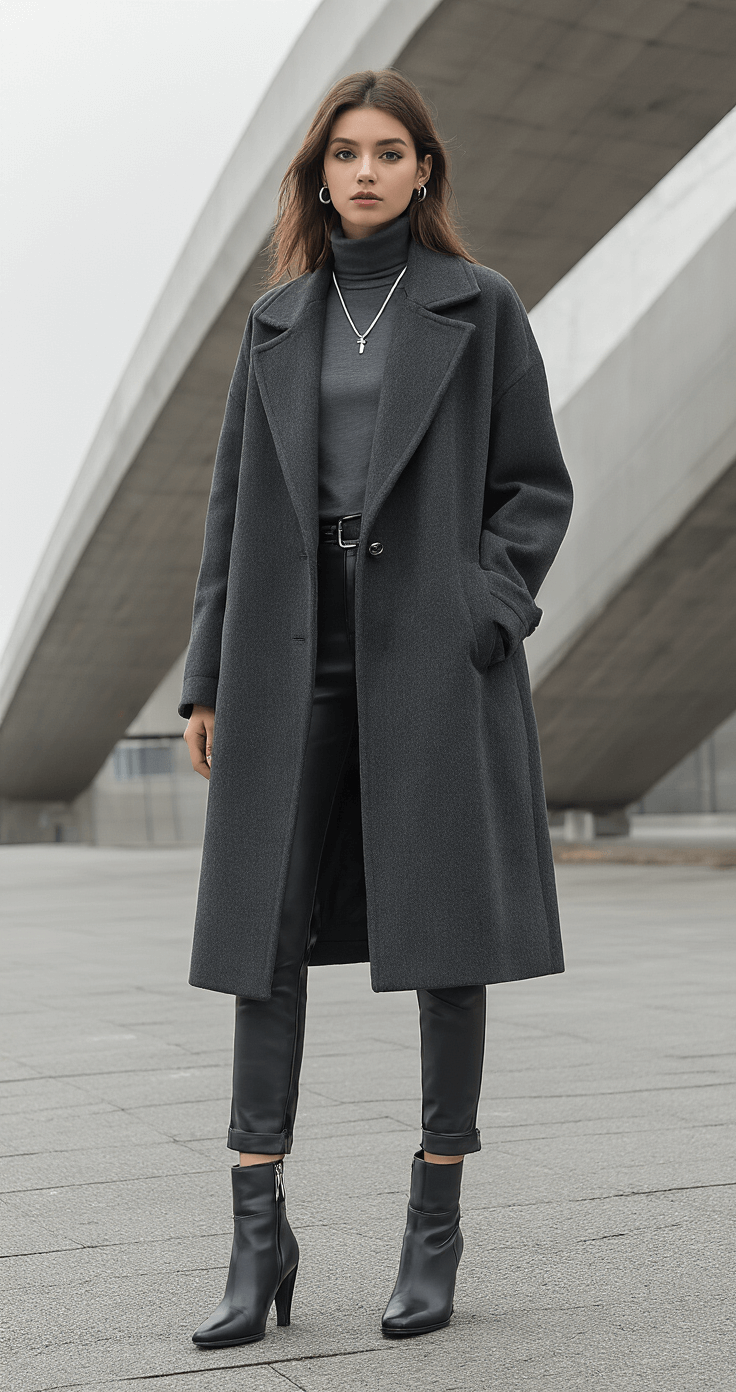 Angel Cosplay Makeup: How to Create the Perfect Ethereal Look A young woman in a charcoal grey oversized coat and slim-fit turtleneck stands at an intersection of modern architecture and greenery, wearing sleek leather ankle boots and minimalist silver accessories.
