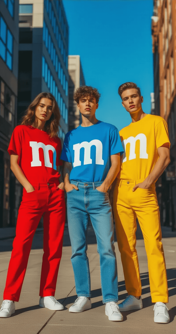 Three friends in vibrant M&M costumes (red, blue, yellow) pose playfully at a stylish urban street corner, wearing fitted monochrome t-shirts with a large white 'M' logo, alongside modern architecture, illuminated by warm afternoon sunlight.