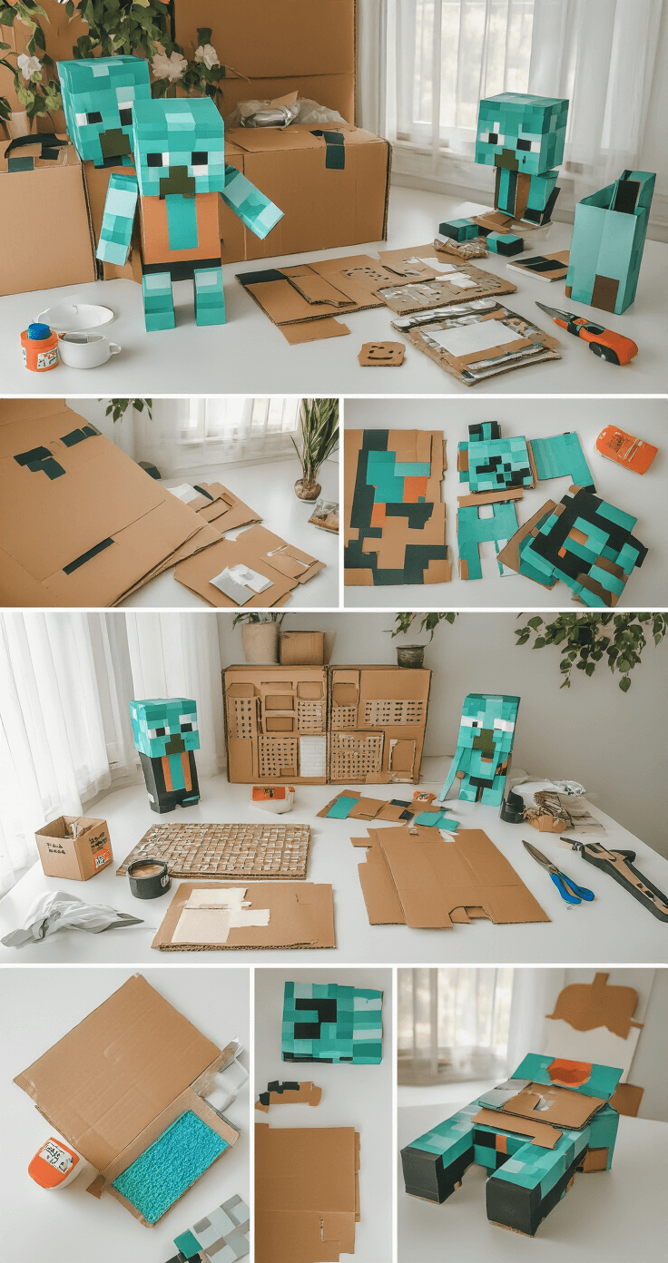 The Real Deal on Minecraft Cosplay: Building Your Blocky Character From Scratch A minimalist workspace showcasing the Minecraft costume construction process, featuring pristine white surfaces with laid-out cardboard pieces, adhesives, and cutting tools, illuminated by soft natural window light, capturing high-resolution details of DIY crafting materials and techniques.