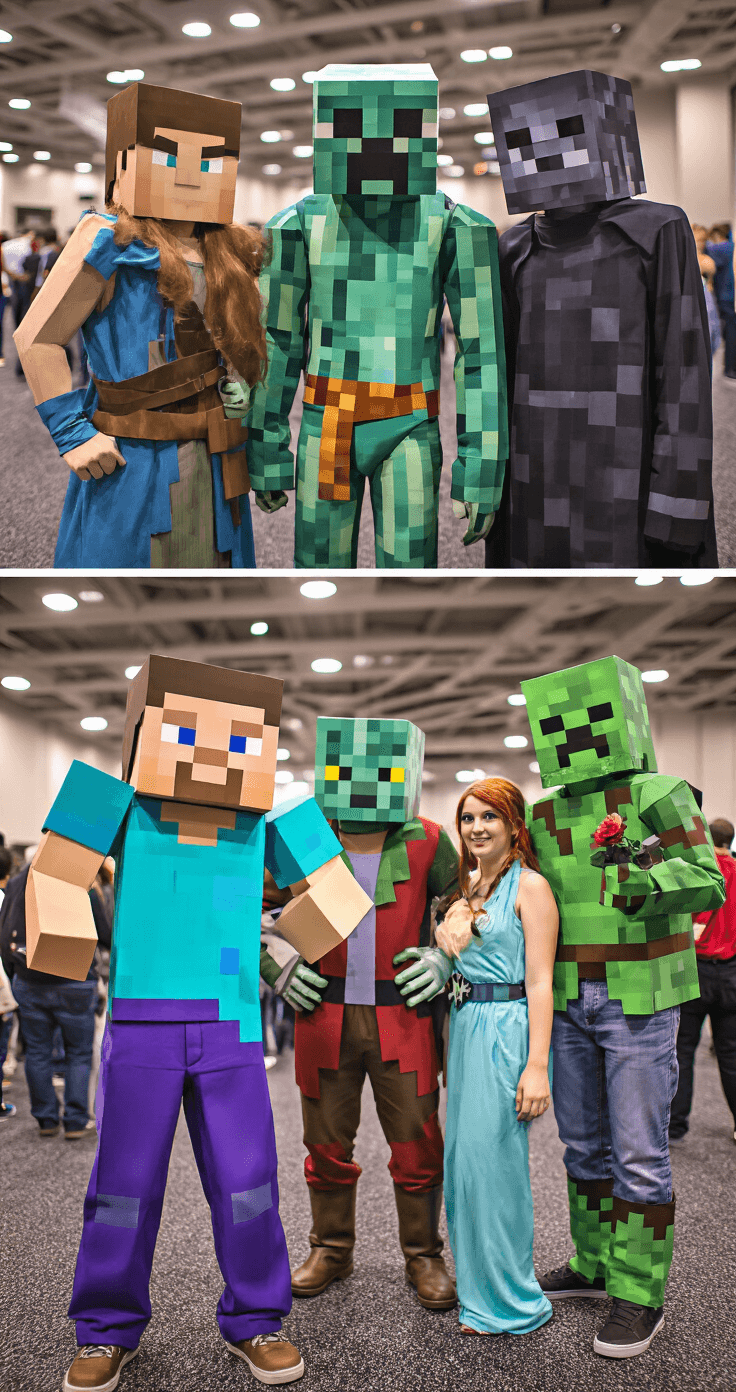 The Real Deal on Minecraft Cosplay: Building Your Blocky Character From Scratch A vibrant convention hallway scene featuring cosplayers dressed as Minecraft characters including Steve, an Enderman, and a Zombie, posing together with detailed pixel-perfect costumes. The bright lighting highlights the intricate textures of their outfits, captured from a wide-angle perspective that showcases their full costumes and group interaction.