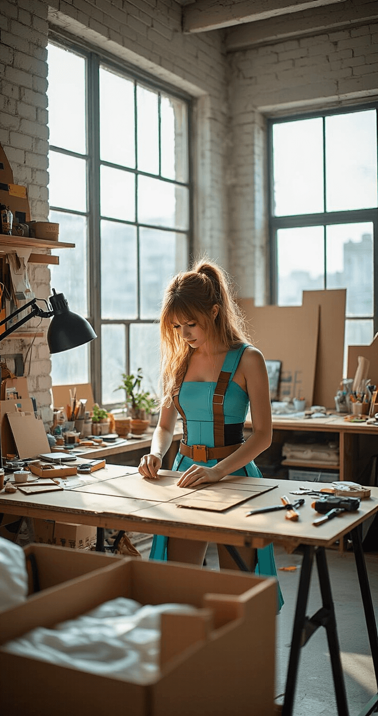 The Real Deal on Minecraft Cosplay: Building Your Blocky Character From Scratch A female cosplayer in a modern loft studio is carefully measuring and cutting cardboard panels for a Minecraft costume, surrounded by crafting tools. The workspace is meticulously organized, displaying various stages of costume development, illuminated by soft diffused natural light from large windows.
