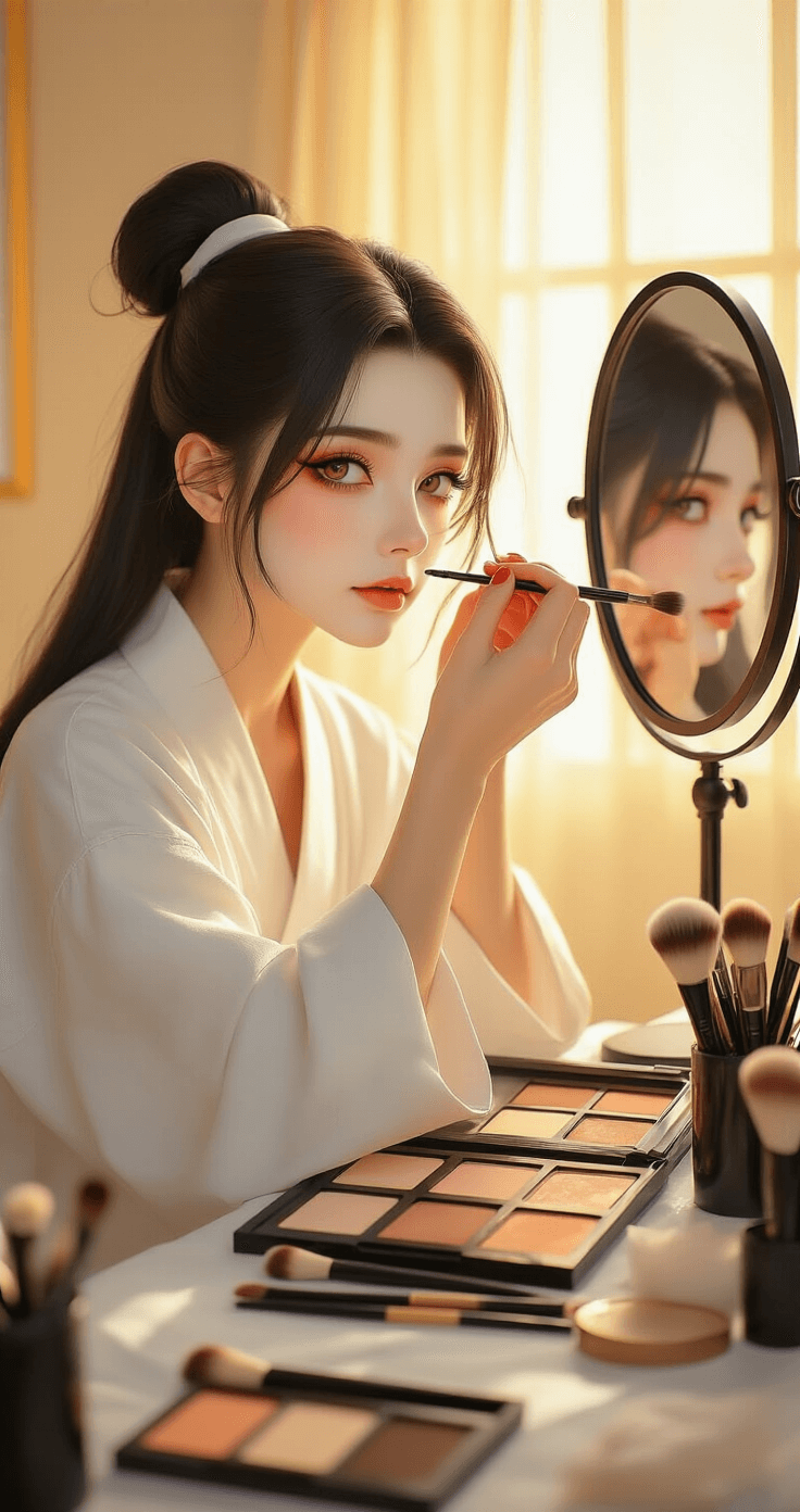 A young woman in a white makeup artist's smock applies precise eyeliner at a professional vanity mirror, surrounded by makeup tools and reference photos from The Untamed, with soft golden light illuminating her porcelain-like foundation and soft peachy blush.