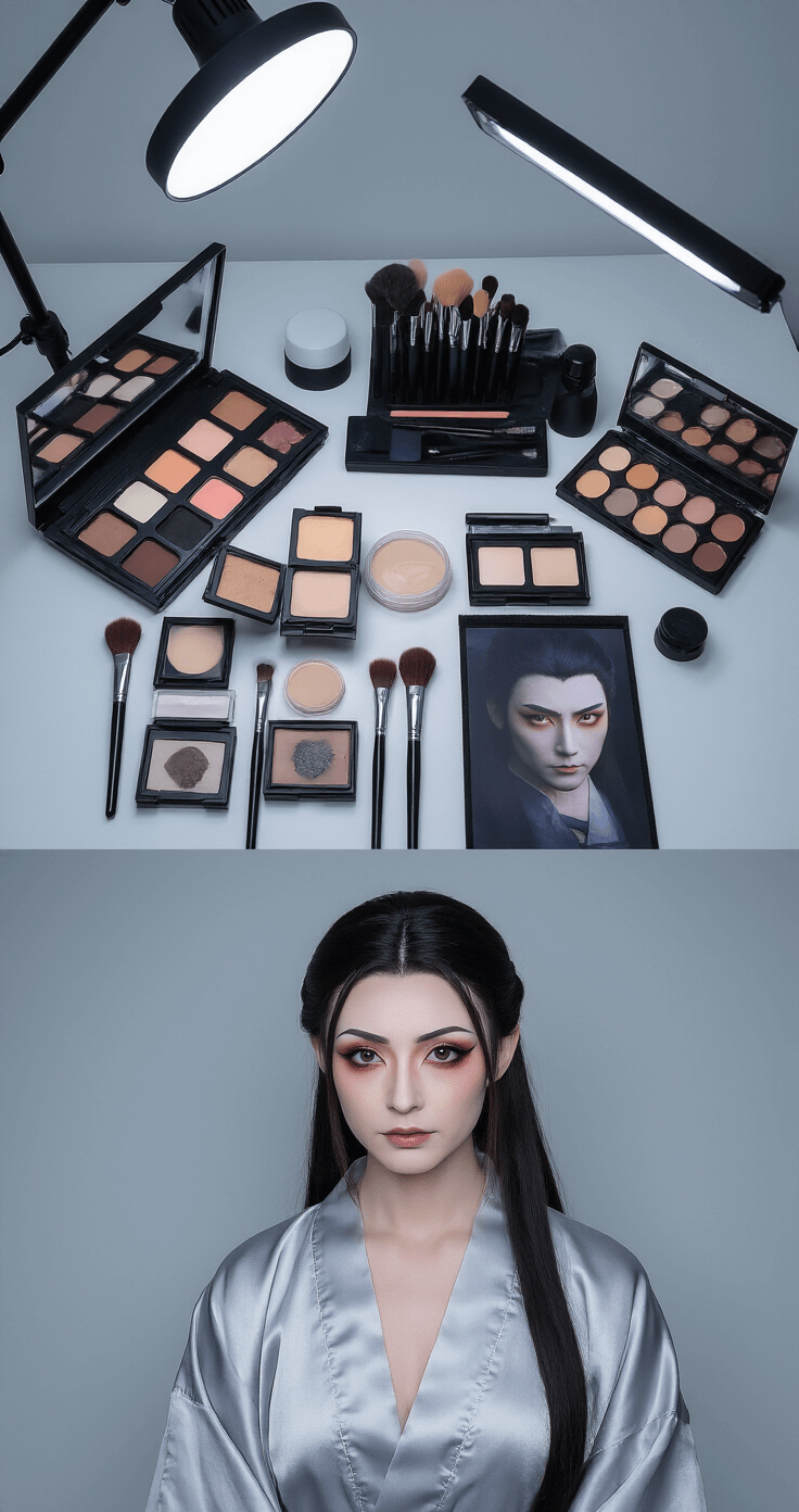 High-resolution overhead shot of a detailed makeup workstation for Wei Wuxian cosplay, showcasing a model in a light gray silk robe with various stages of makeup application, including foundation, contouring, and eyebrow shaping, set in a cool-toned, minimalist studio environment.