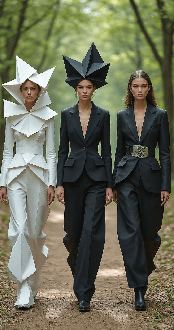 Three models in a minimalist black and white outdoor fashion scene, each embodying 'Rock, Paper, Scissors': one adorned in origami-inspired paper elements, another in a stone-textured jacket, and the third with metallic scissor-themed accessories. The setting is a natural park bathed in soft, diffused sunlight, showcasing avant-garde fashion photography.