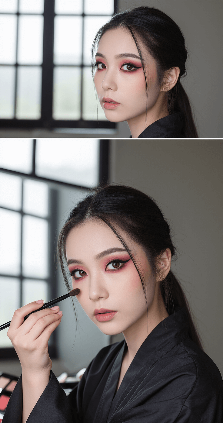 A young Asian woman applies makeup to create Wei Wuxian's signature eye look, capturing precise eyeliner and burgundy eyeshadow blending in a low-angle shot. Natural lighting illuminates her artistic setup with makeup tools arranged nearby, while her reflection in a mirror reveals her transformation. She wears a sleek black styling robe, with professional lighting emphasizing dramatic shadows and highlights on her face.