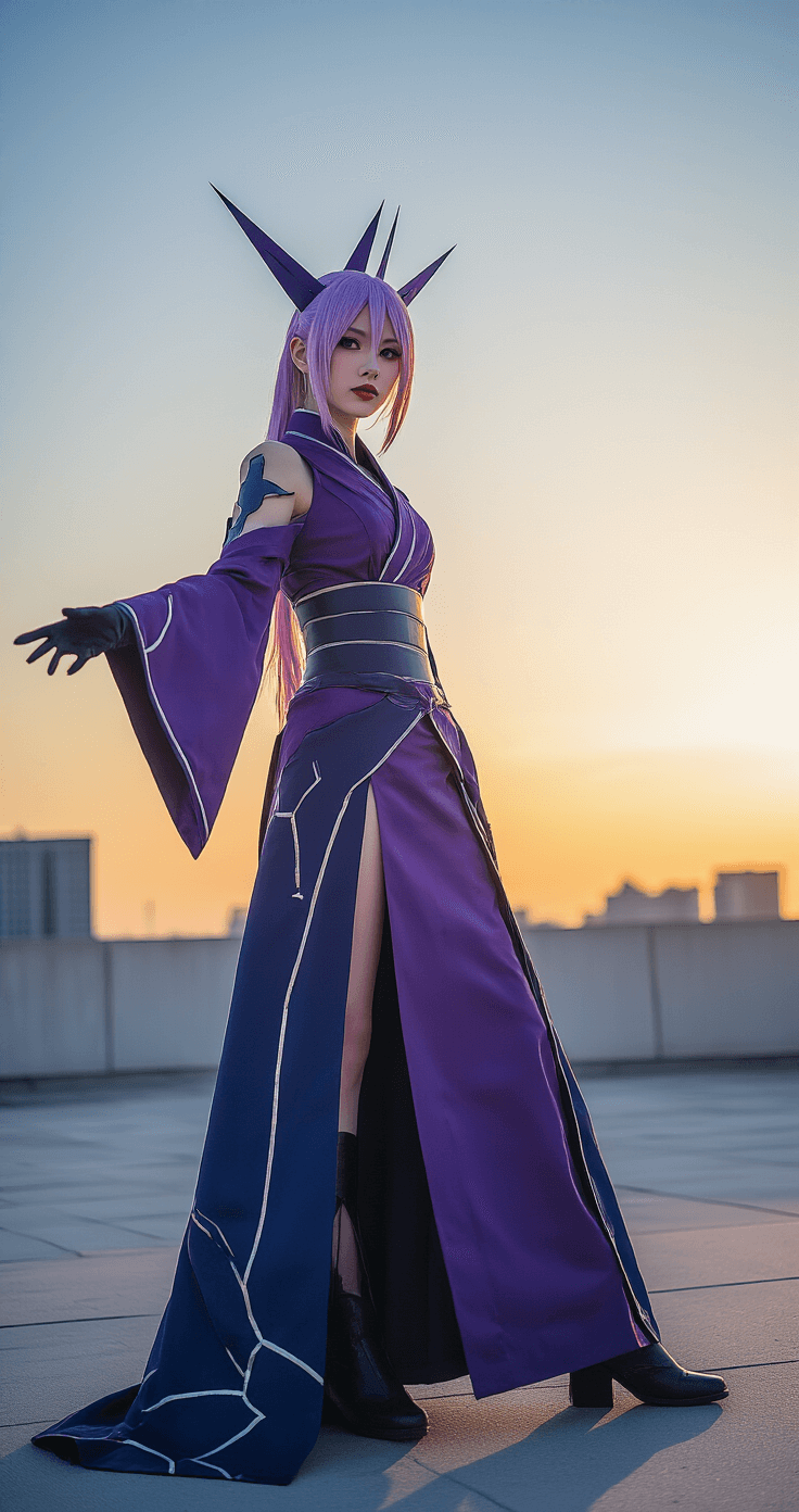 A cosplayer dressed as Raiden Shogun stands on a minimalistic urban rooftop at golden hour, showcasing a tailored purple and navy costume with electro-themed embellishments. Her geometric-styled wig, combined with dramatic evening sunlight and shadows, highlights the luxurious textures of her attire.