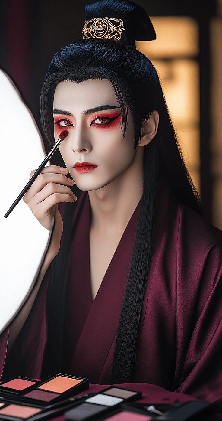 Close-up of a model applying dramatic cosplay makeup inspired by the Yiling Patriarch era Wei Wuxian, featuring red eyeshadow and sharp eyeliner in a low-key studio with deep burgundy and black accents. Intense colors and moody lighting enhance the intricate makeup details, with makeup tools neatly arranged and reference images in the background.