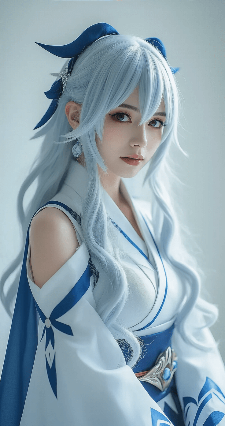A Ganyu cosplayer in a sleek white studio, wearing a blue and white costume with a silver wig styled in cascading waves, captured in soft diffused natural light that highlights the intricate details of her outfit and makeup, embodying the celestial aesthetic of the Cryo Archon character.