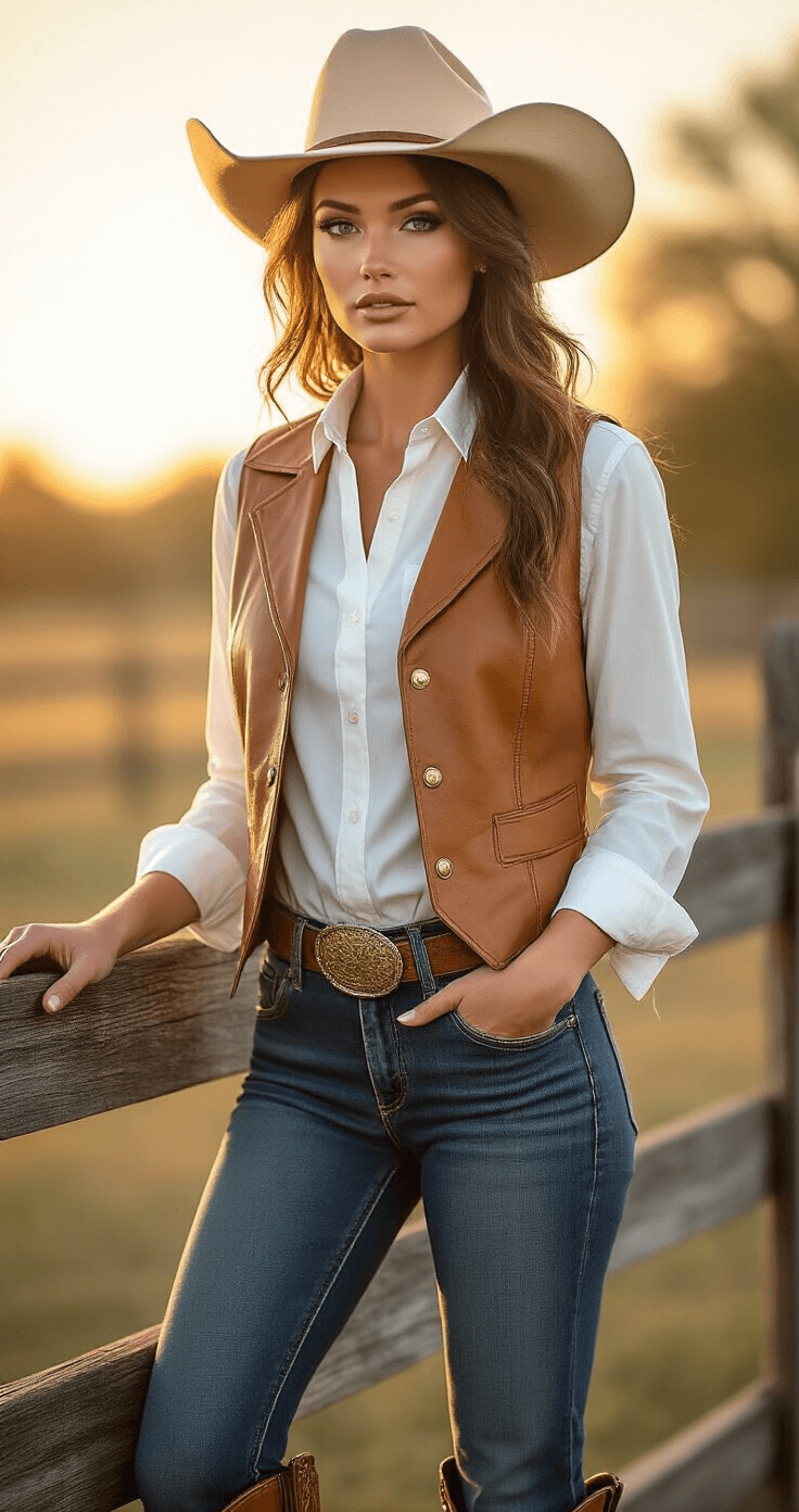 Cowgirl Halloween Costumes That'll Have You Ready to Ride Into the Night A confident female model in a classic tan leather vest and white button-up shirt, standing on a rustic wooden ranch fence during golden-hour sunset, wearing high-waisted bootcut jeans and brown leather Western boots, with a tilted wide-brimmed cowboy hat and natural makeup.
