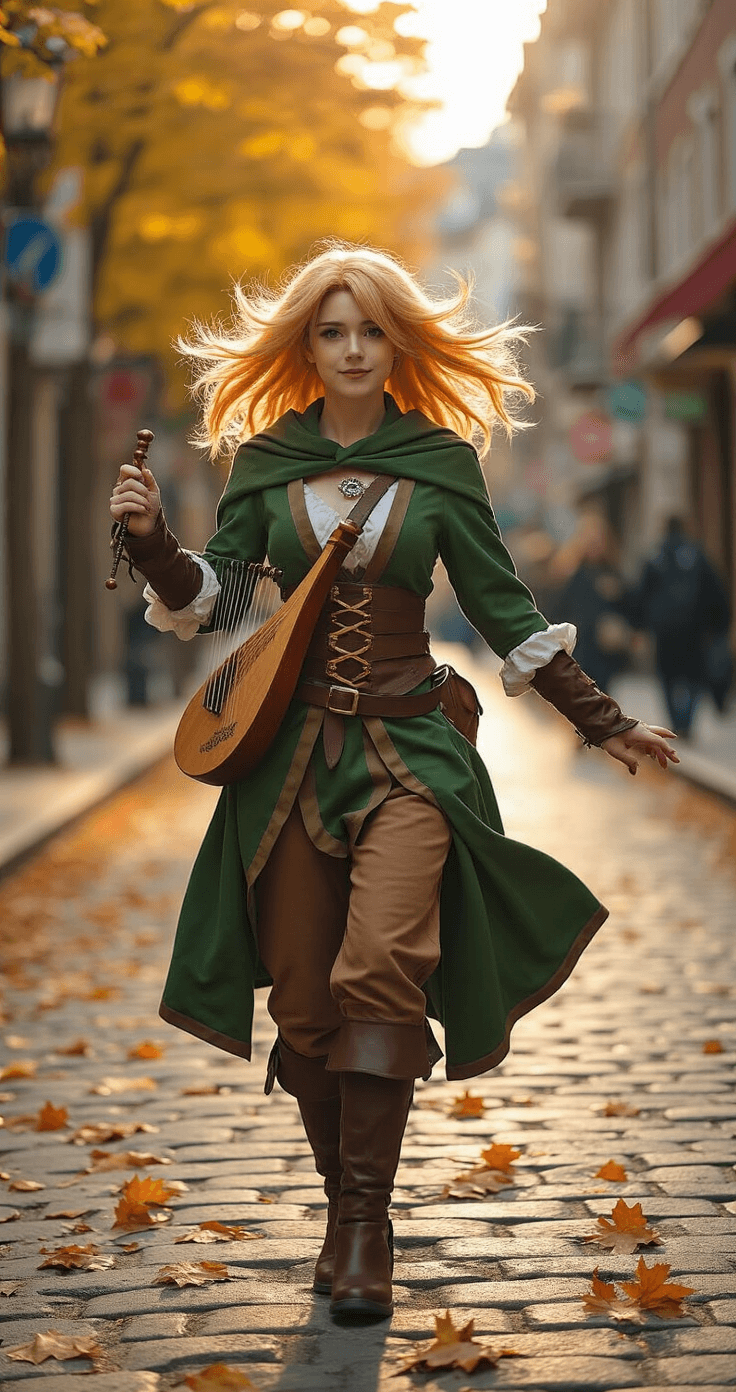 A Venti cosplayer in a vibrant green and brown bardic outfit poses mid-motion on a cobblestone street scattered with autumn leaves, holding a prop lyre. Warm afternoon sunlight highlights the scene, enhancing the character's playful energy with a wind-blown wig and dynamic photography capturing the authenticity of the costume.