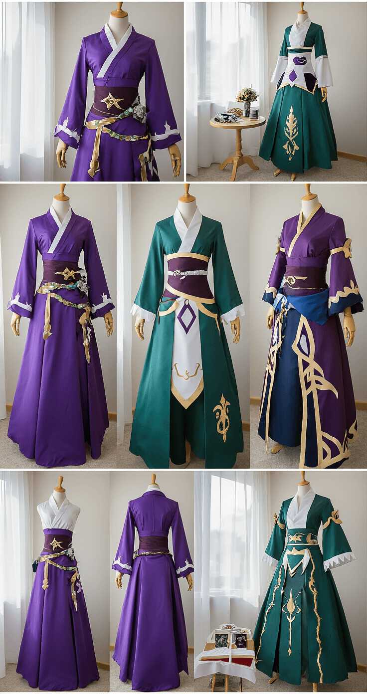 An organized wardrobe display showcasing Genshin Impact cosplay costumes in rich jewel tones, with arranged wigs, props, and accessories. Soft natural light highlights the intricate details and craftsmanship of the costumes.