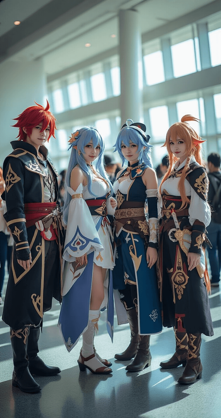 A vibrant convention scene featuring a group of Genshin Impact cosplayers, including Diluc, Ganyu, Venti, and Raiden Shogun, each in detailed costumes reflecting their unique regional styles. The bright, open hall is filled with natural light, capturing the lively interactions and camaraderie among the cosplayers.