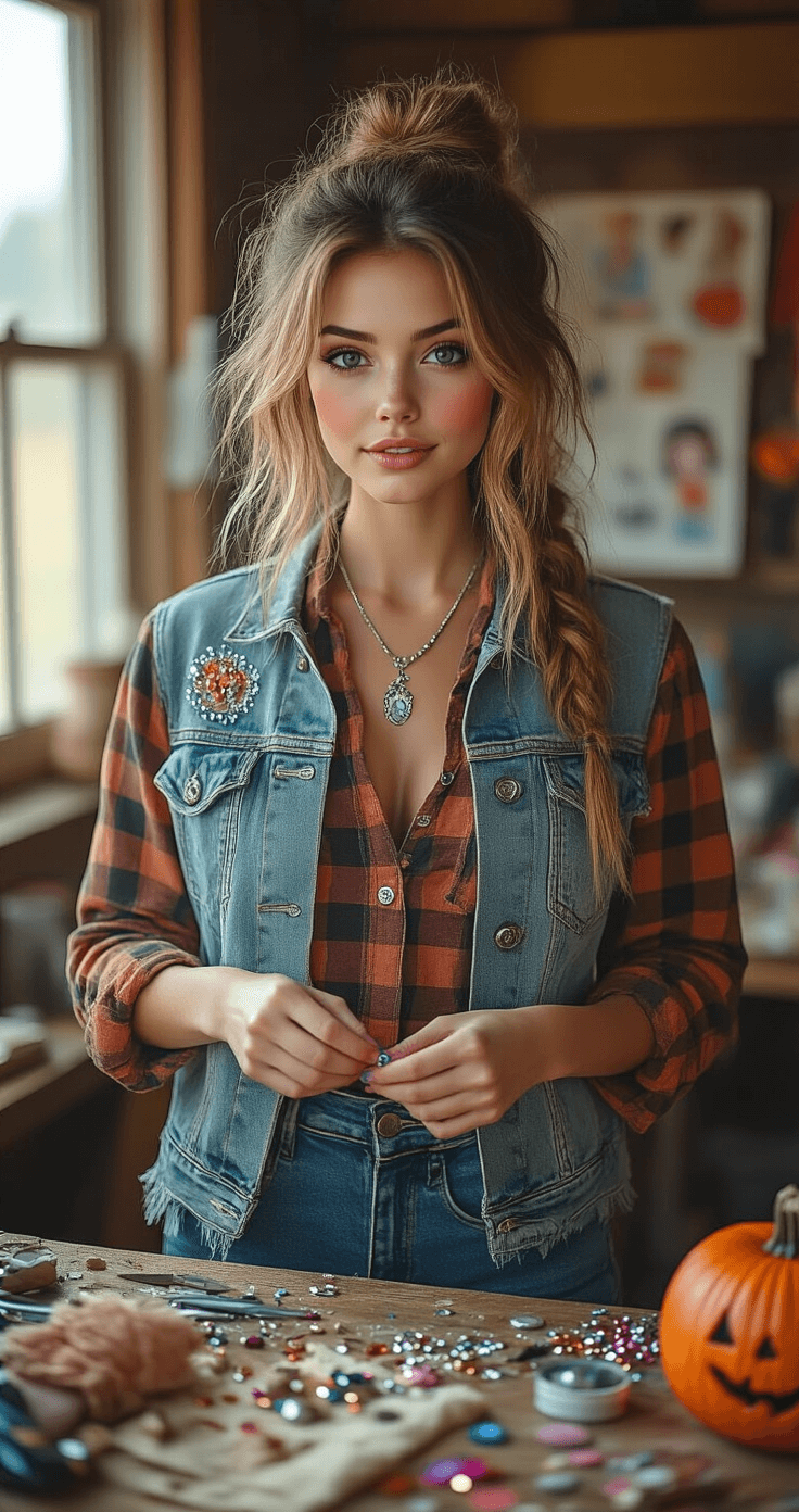 Cowgirl Halloween Costumes That'll Have You Ready to Ride Into the Night A female model in a flannel shirt and jeans playfully assembles a unique cowgirl costume, surrounded by scattered costume pieces, rhinestones, and fabric paint, as she cuts fringe onto a denim jacket in a soft-lit creative workspace filled with inspiration boards.