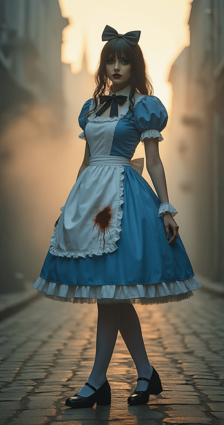 A female cosplayer in a detailed blue dress inspired by Alice Madness Returns, standing in a misty gothic urban setting during golden hour. The model's silhouette highlights a structured petticoat and a weathered white apron with blood spatter, adorned with a dramatic skull bow. Soft sunlight creates shadows that emphasize the intricate textures of the costume, captured in ultra-high resolution with cinematic lighting.