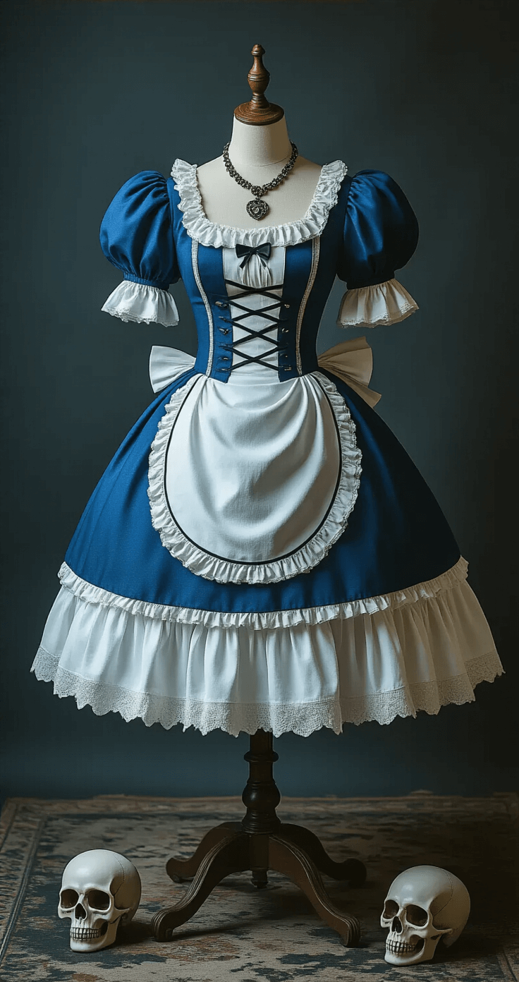 A vintage dress form displays the Alice Madness Returns costume in a dimly lit studio, featuring a layered blue dress with puffed sleeves, a white apron with weathering effects, and accessories like the Omega necklace and skull bow, all highlighted by soft side lighting that enhances the gothic aesthetic.