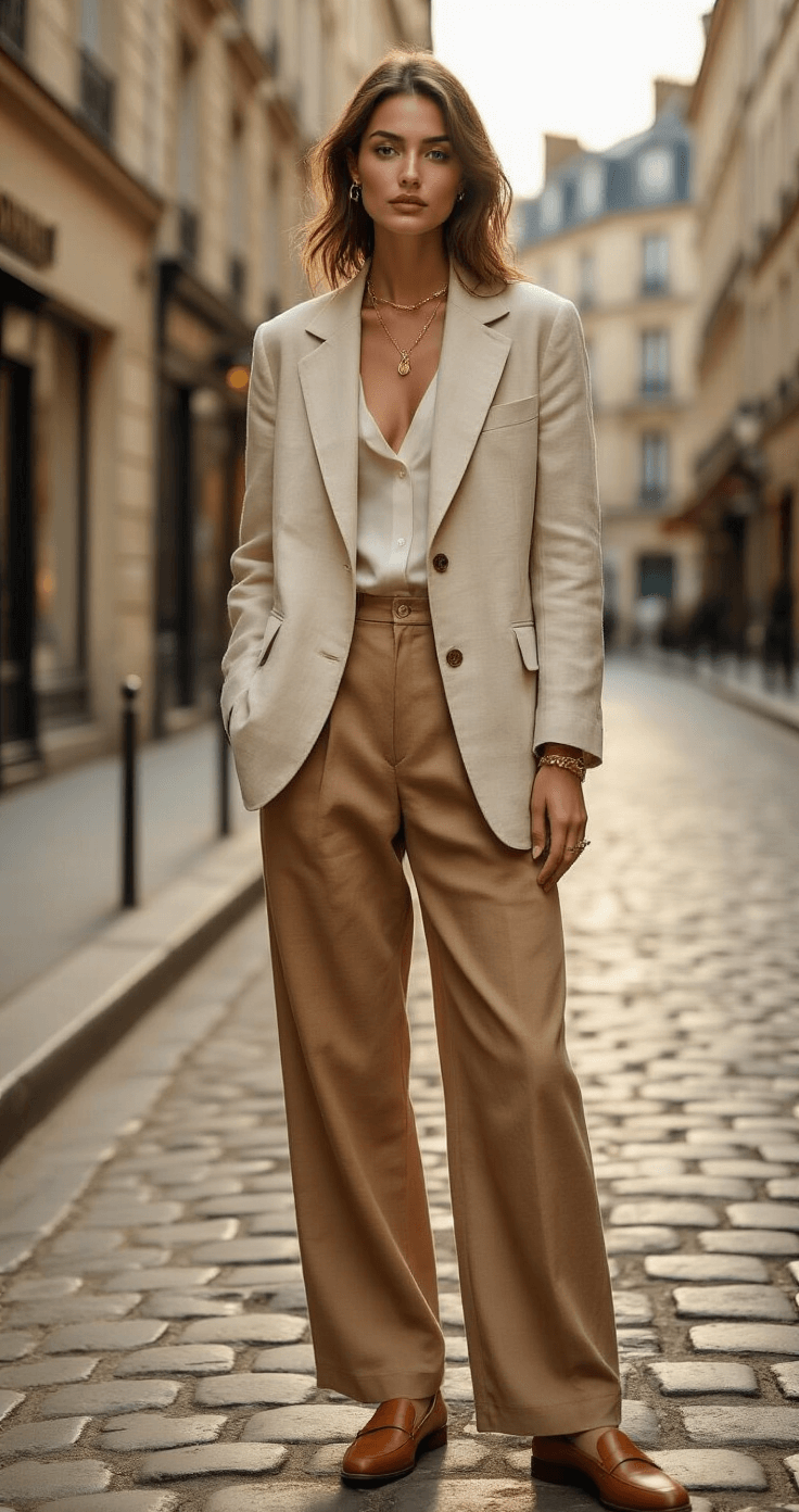 How to Style Oversized Blazers for Spring A 25-year-old model in an oversized cream linen blazer and wide-leg camel trousers stands on a Parisian street corner at golden hour, with soft natural lighting highlighting the vintage cobblestone background, minimal styling with tan leather loafers and delicate gold jewelry, creating elegant silhouettes and a focus on the textures of natural fabrics.