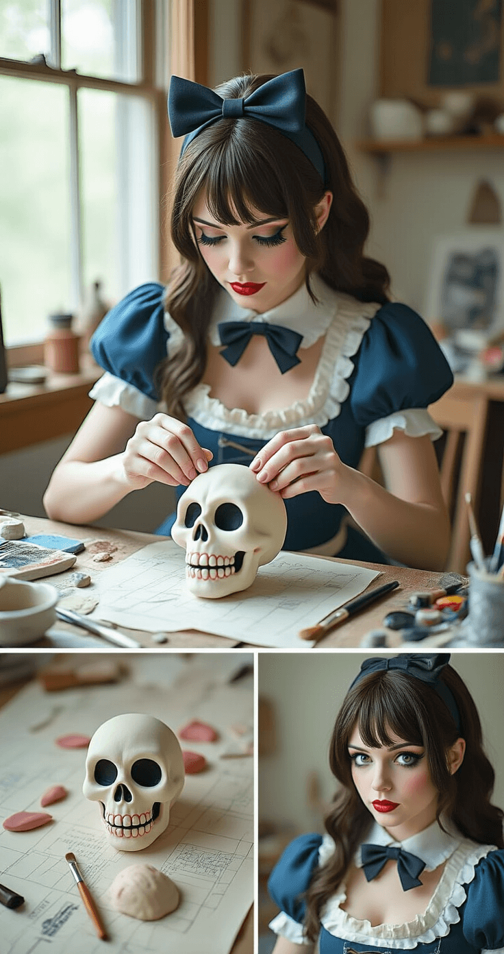 A close-up view of a female cosplayer's hands meticulously crafting a skull bow sculpture from Model Magic clay, surrounded by various crafting materials like fabric paint and brushes. The workstation is filled with reference images and costume pieces, illuminated by soft natural light, showcasing the creative process of costume design for Alice Madness Returns.